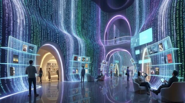 People are exploring and reading content from innovative digital displays within a modern, technologically advanced library featuring flowing data streams and neon-lit architecture