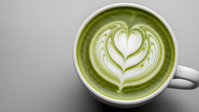 Overhead view of a matcha latte with heart shaped latte art design