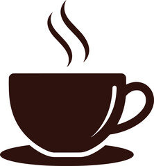 Solid Dark Brown Silhouette Icon Vector of a Steaming Hot Cup and Saucer, Perfect for Coffee Shop Logos and Menus.