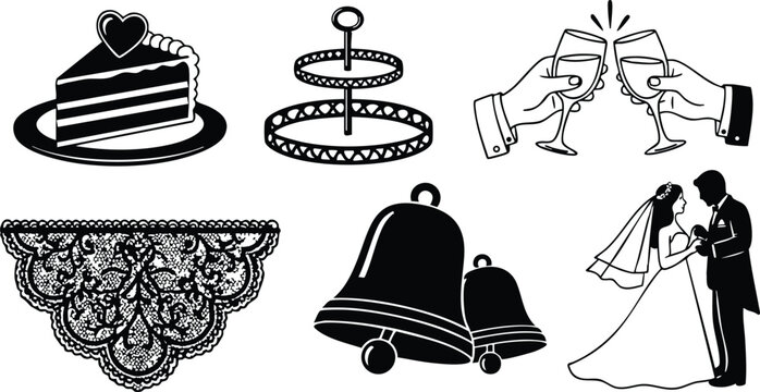 Black silhouette vector art of wedding couple cake slice champagne toast bells tiered stand and lace corner decoration for celebration layout in classic style