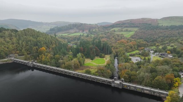 Autumn over Llyn Brianne Dam and Reservoir from a drone, Lake Vyrnwy, Powys, Wales, UK