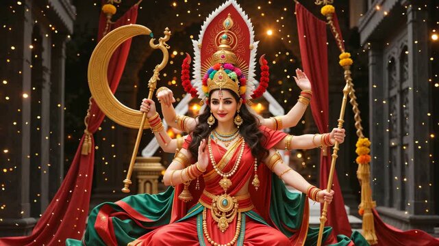 Depiction of Goddess Durga in vibrant attire, sitting in a ornately decorated temple, holding symbolic weapons, with golden aura and divine spiritual ambiance.