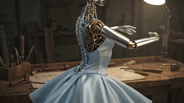 Robot ballerina with intricate clockwork mechanisms and metal body wearing a light blue skirt, posing gracefully in a dimly lit industrial workshop with tools and blueprints on the table
