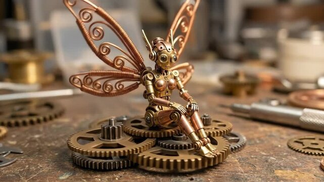 Steampunk fairy robot sculpture crafted from copper and brass components, featuring intricate wires and mechanical details, sitting on a group of vintage gears in a workshop environment