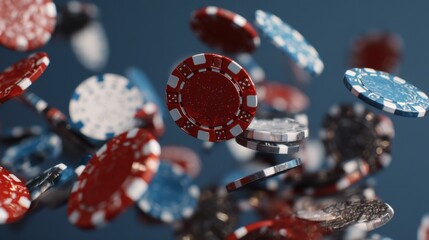 Casino chips of various colors are seen floating in mid air showcasing their unique designs and textures in a dynamic way. The scene conveys the thrill of gambling.