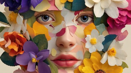 In a vibrant scene a woman's face is adorned with a variety of colorful paper flowers showcasing artistic creativity and charm.