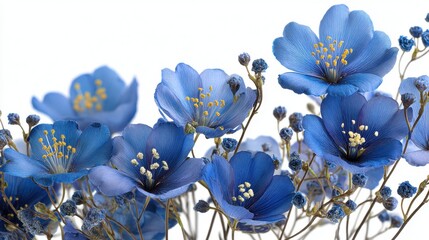 A stunning collection of blue flowers is artfully arranged highlighting their vivid petals and fine details. The floral display creates a serene and enchanting atmosphere perfect for decoration.