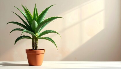 Fototapeta premium Aloe Vera Plant in Pot with Sunlight Shadows for Home Decor and Natural Beauty.