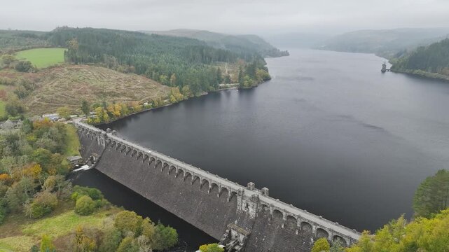 Autumn over Llyn Brianne Dam and Reservoir from a drone, Lake Vyrnwy, Powys, Wales, UK
