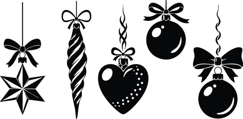 Monochrome vector art of hanging christmas ornaments with bows star icicle heart baubles and curling strings in flat silhouette style festive and elegant mood