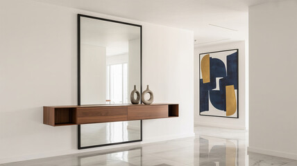 Elegant minimalist hallway design with sleek mirror and floating console table enhancing modern home decor, perfect for real estate and interior design visuals