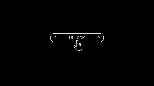Cursor hand icon hovering over a white button with the word UNLOCK and arrows on a black background