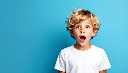 Surprised Young Boy with Blond Curly Hair Looks Astonished Against a Bright Blue Background.