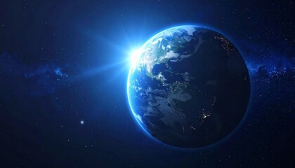 Obraz premium Earth From Space Sun Rising Shining Light Rays Cosmos Galaxy Planet Conceptual Image For Global Issues and Exploration.