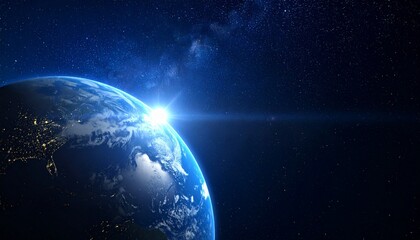 Fototapeta premium Earth From Space View With Rising Sun and Stars Concept for Global Connection Space Exploration Science Technology.
