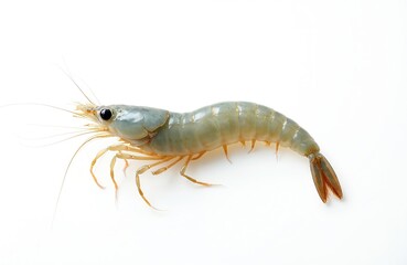 Fresh live Pacific white shrimp lies on clean white background. Single raw Vannamei prawn shows intricate body details including legs, antennae, tail. Healthy seafood ingredient, perfect for various