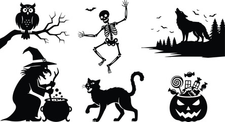 Flat design halloween silhouettes with witch stirring cauldron black cat dancing skeleton howling wolf owl on branch and jack o lantern candy bucket