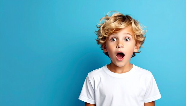Surprised Young Boy with Blond Curly Hair Looks Astonished Against a Bright Blue Background.
