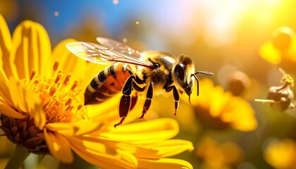 Naklejka premium Bee on Yellow Flower in Springtime Sunlight Close-up. Pollination and Nature's Beauty in Vivid Detail.