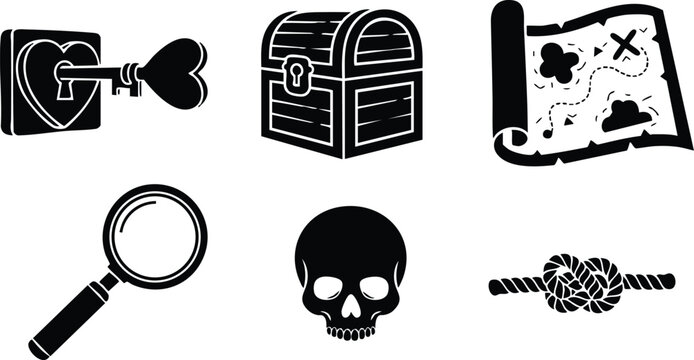 Flat vector pirate themed icons with heart key treasure chest skull rope knot map and magnifying glass in bold black silhouette style