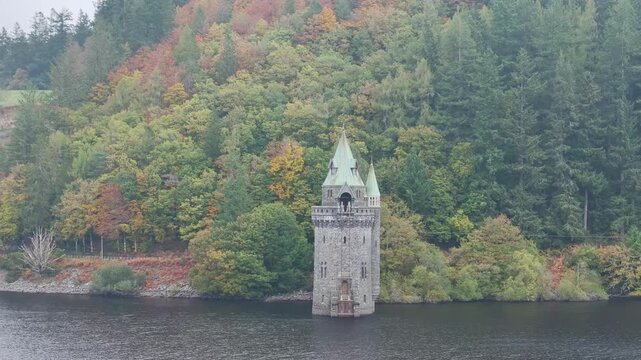 Autumn over Llyn Brianne Dam and Reservoir from a drone, Lake Vyrnwy, Powys, Wales, UK