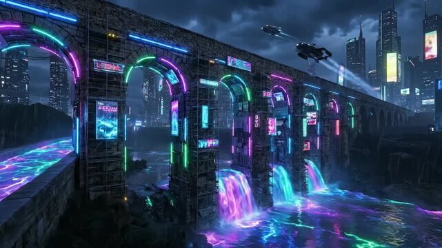 Futuristic night cityscape where an ancient stone aqueduct morphs into neon bridge, glowing pink, blue and green above a river of luminous liquid reflecting cyberpunk lights