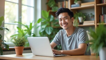 Young man smiles working on laptop computer in bright cozy room. Green plants and books surround him. Casual attire, indoor setting promotes relaxed productivity and remote work.