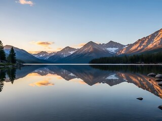 Scenic Mountain Lake Reflection During Sunset with Calm Water and Snow-capped Peaks