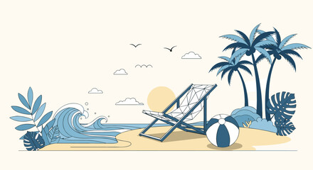A minimalist line art illustration of a tranquil beach scene with a deck chair palm trees and waves for a relaxing vacation.