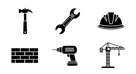 Obraz premium Construction Toolkit Hammer, Wrench, Hard Hat, Bricks, Drill, Crane Icons