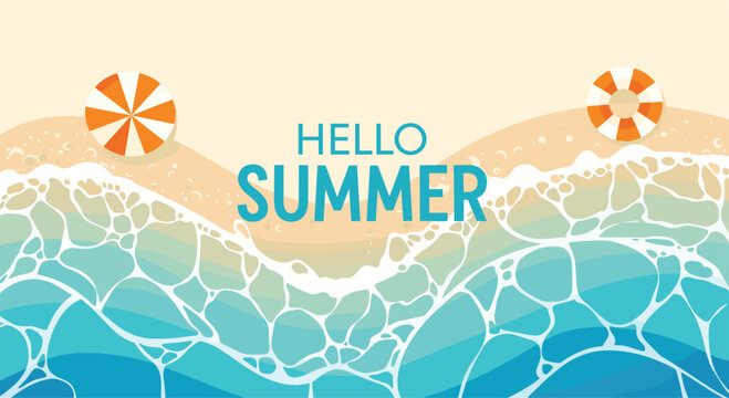 A beautiful top-down aerial view of a sandy beach with turquoise ocean waves and 'Hello Summer' text for a vacation banner.