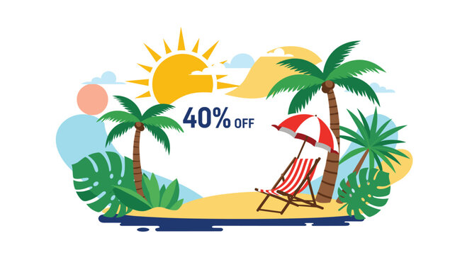 A summer sale promotion banner offering 40 percent off with a beautiful tropical beach scene including palm trees and a sun. - Powered by Adobe