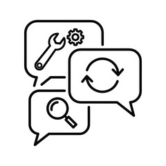 Line art icon set representing technical support, search, and update process