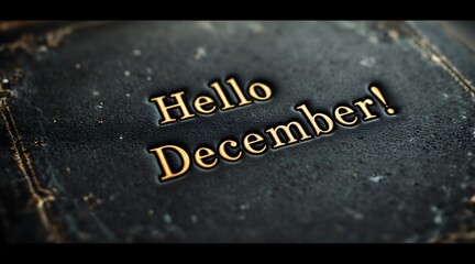 Golden embossed "Hello December!" text on a vintage dark leather surface for a festive season welcome concept and holiday marketing