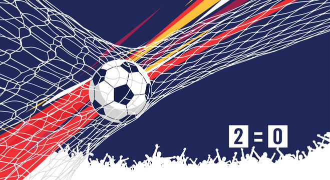 A thrilling soccer match scene with the ball in the net the score at 2-0 and the crowd of fans celebrating the goal.