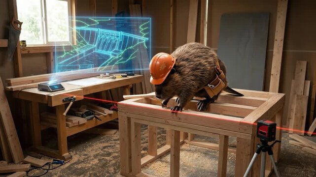 Beaver wearing a hard hat and tool belt is standing in a woodworking workshop, creating a holographic projection of a dam design, demonstrating advanced engineering and construction technology