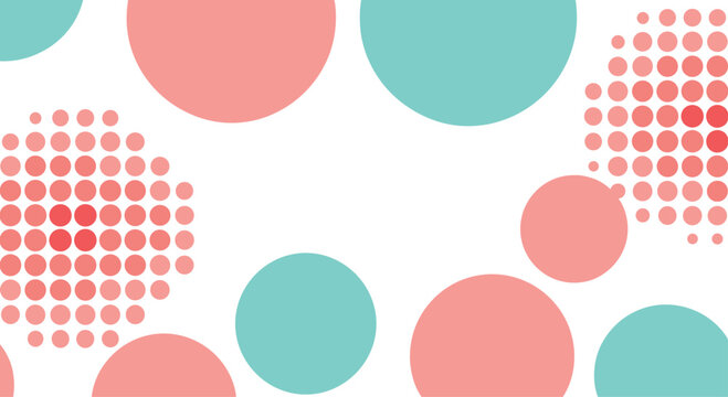 Abstract geometric background design with large pink and teal circles and halftone dot patterns creating a modern playful texture.
