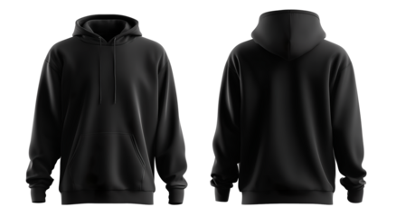 Black Hoodie Mockup Front and Back View isolated on transparent background