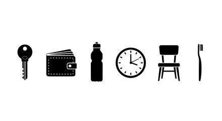 Everyday Essentials Key, Wallet, Water Bottle, Clock, Chair, and Toothbrush Vector Icons