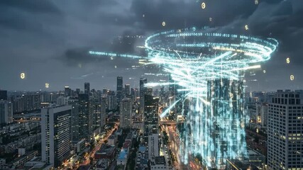 Modern cityscape at night with glowing data streams and digital symbols forming a cloud above high-rises, illustrating smart city connectivity, ai-driven networks and digital transformation - Powered by Adobe