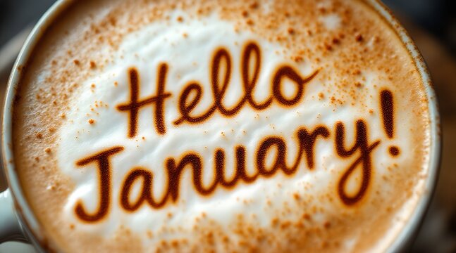 Warm cappuccino mug with "Hello January!" message in detailed foam art, representing a new year welcome concept, fresh start, and winter season greeting