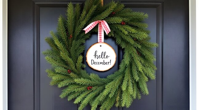 Hello December tag on green wreath hanging on black door - Powered by Adobe