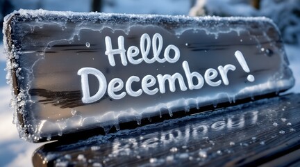 Hello December text on frozen bench in snowy outdoor setting