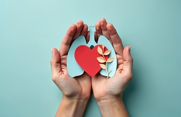 Adult and child hands cradle paper lungs and red heart with branch. Symbolizes good health organ care, life support, and medical awareness. Represents wellness and healthy family.