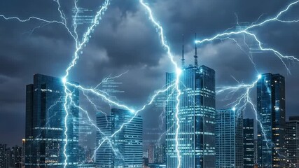 Skyscrapers form a high-tech urban network as lightning-like data streams and binary code surge across a stormy sky, symbolizing cloud computing, ai and global connectivity - Powered by Adobe