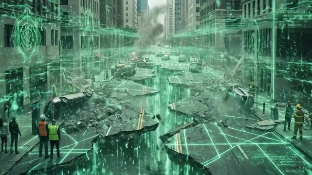 Futuristic city street cracking open to reveal glowing green digital code and data streams, visualizing a simulation error, cyber disaster and collapse of virtual infrastructure