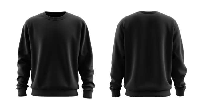 Black Crewneck Sweatshirt Front and Back View isolated on transparent background