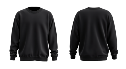 Front and Back View of Black Sweatshirt isolated on transparent background