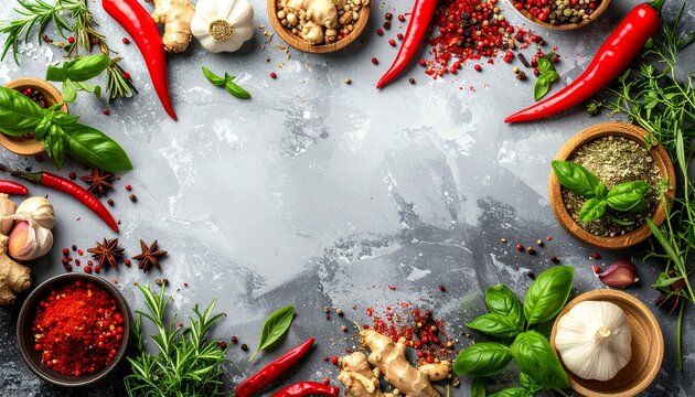 Colorful Spices and Herbs on Gray Background Creative Display for Food Blog Healthy Eating Concept Copy Space.
