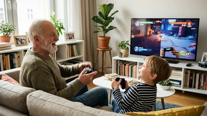 Grandfather and grandson bond over generations, sitting on a living room couch, smiling and laughing while playing a video game on a large tv screen, enjoying shared pastime and family fun - Powered by Adobe